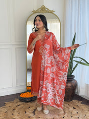 Women's Orange Viscose Rayon Embroidered Straight Kurta Pant With Dupatta-MDC-D117 ORANGE
