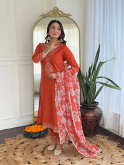 Women's Orange Viscose Rayon Embroidered Straight Kurta Pant With Dupatta-MDC-D117 ORANGE