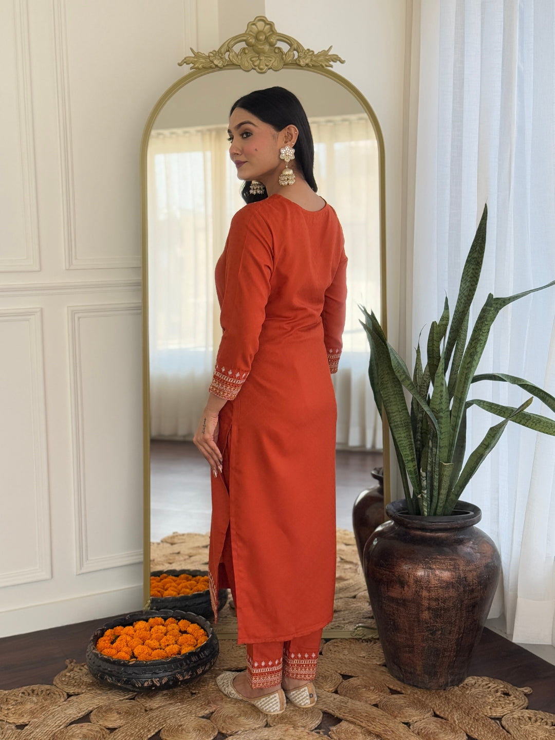 Women's Orange Viscose Rayon Embroidered Straight Kurta Pant With Dupatta