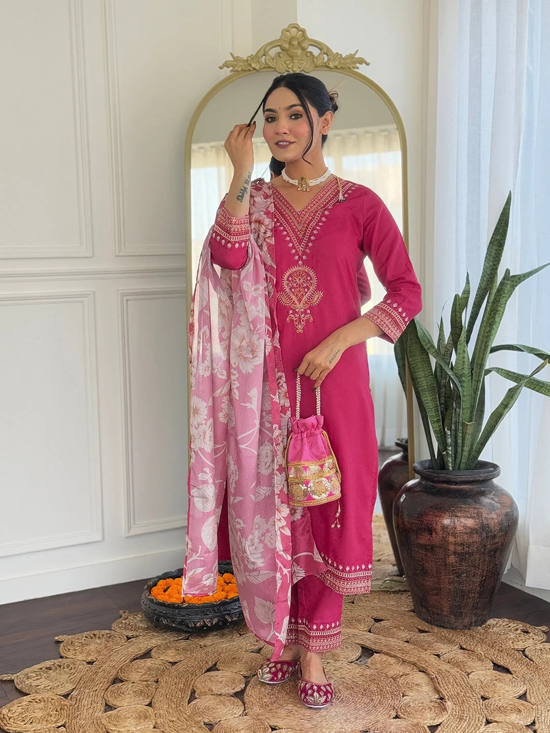 Women's Rani Viscose Rayon Embroidered Straight Kurta Pant With Dupatta