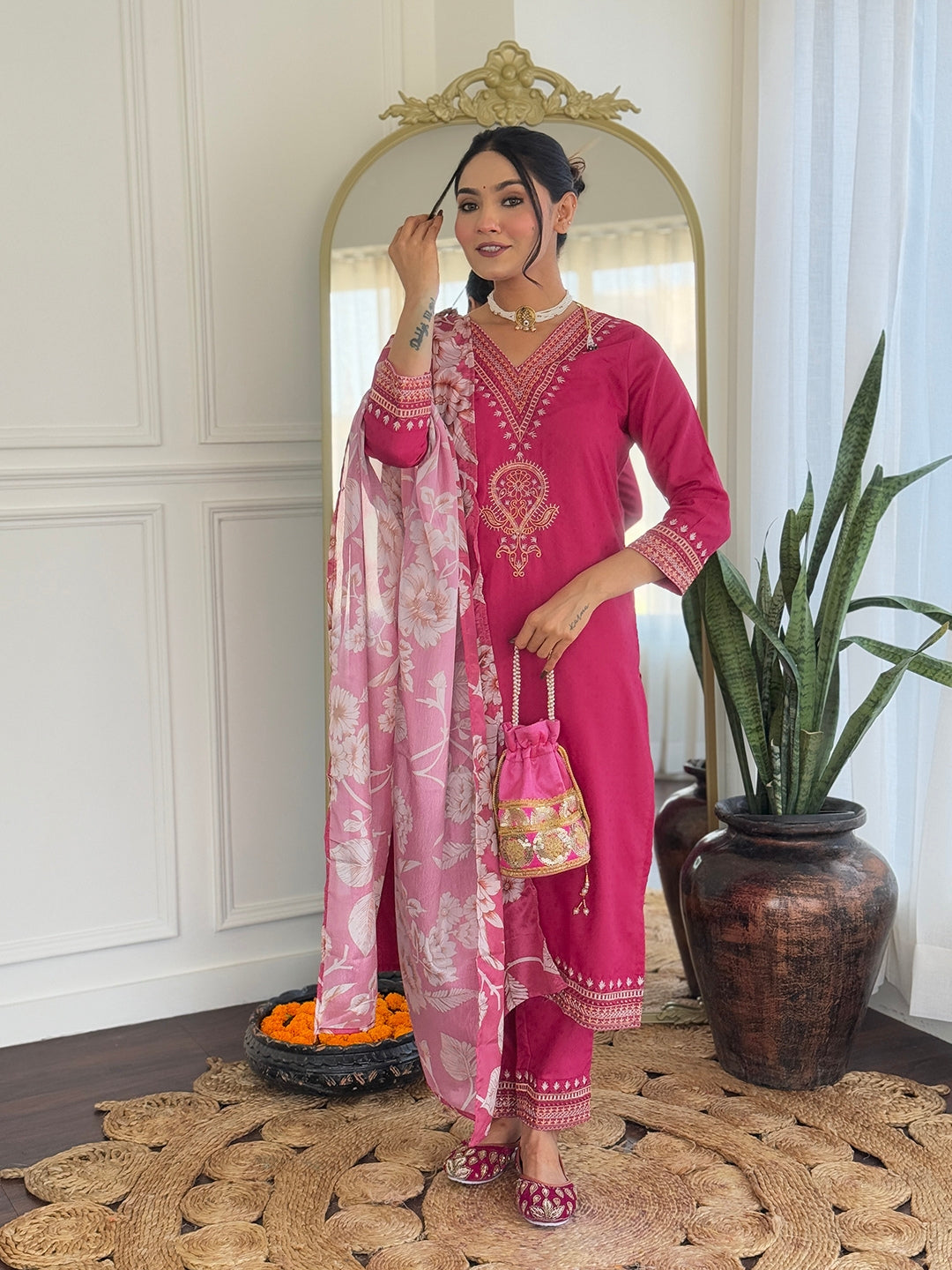 Women's Rani Viscose Rayon Embroidered Straight Kurta Pant With Dupatta-MDC-D117 RANI