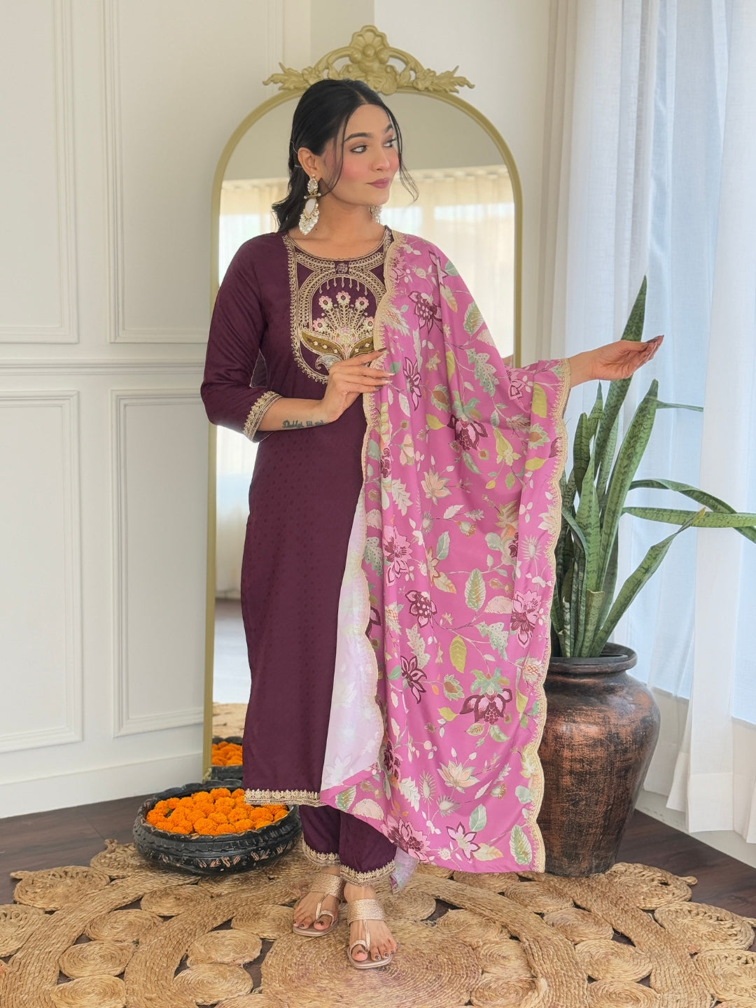 Women's Wine Viscose Rayon Embroidered Straight Kurta Pant With Dupatta-MDC-D130-WINE