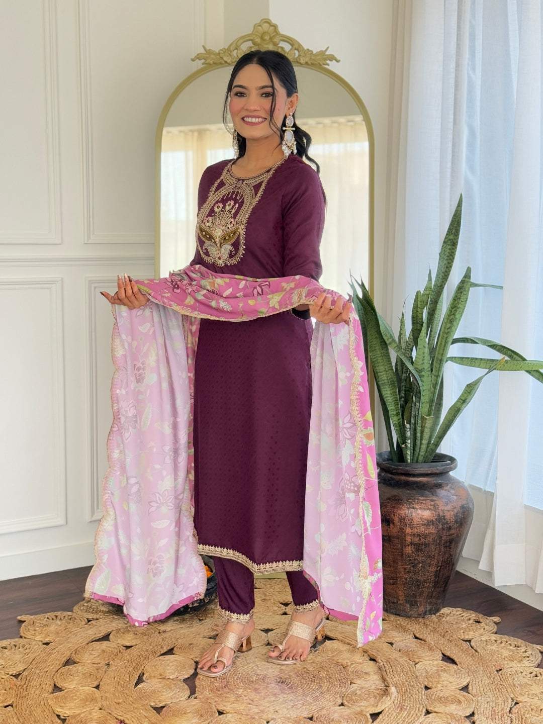 Women's Wine Viscose Rayon Embroidered Straight Kurta Pant With Dupatta