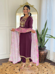 Women's Wine Viscose Rayon Embroidered Straight Kurta Pant With Dupatta-MDC-D130-WINE