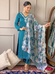 Women's Blue Viscose Chanderi Embroidered Straight Kurta Pant With Dupatta-MDC-D468-BLUE