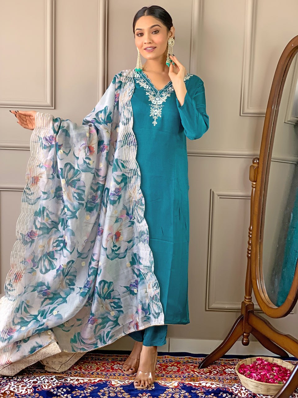 Women's Blue Viscose Chanderi Embroidered Straight Kurta Pant With Dupatta