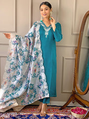 Women's Blue Viscose Chanderi Embroidered Straight Kurta Pant With Dupatta-MDC-D468-BLUE