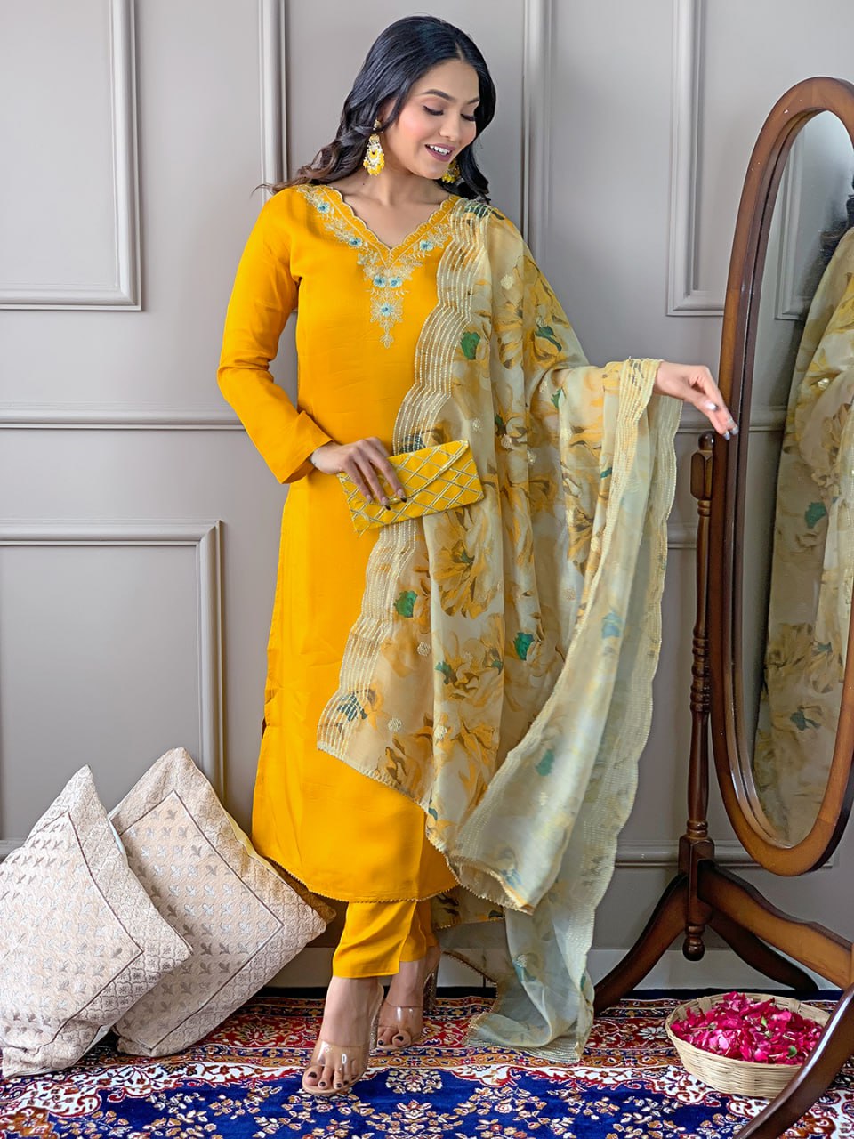 Women's Yellow Viscose Chanderi Embroidered Straight Kurta Pant With Dupatta-MDC-D468-YELLOW