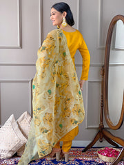 Women's Yellow Viscose Chanderi Embroidered Straight Kurta Pant With Dupatta-MDC-D468-YELLOW