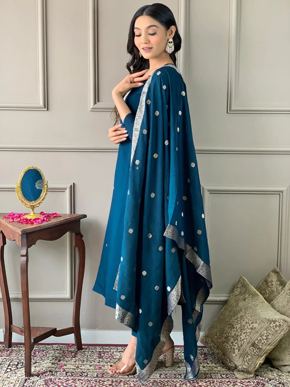 Women's Teal Viscose Chanderi Embroidered Straight Kurta Pant With Dupatta