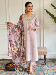 Women's Beige Viscose Chanderi Embroidered Straight Kurta Pant With Dupatta-MDC-D570-BEIGE