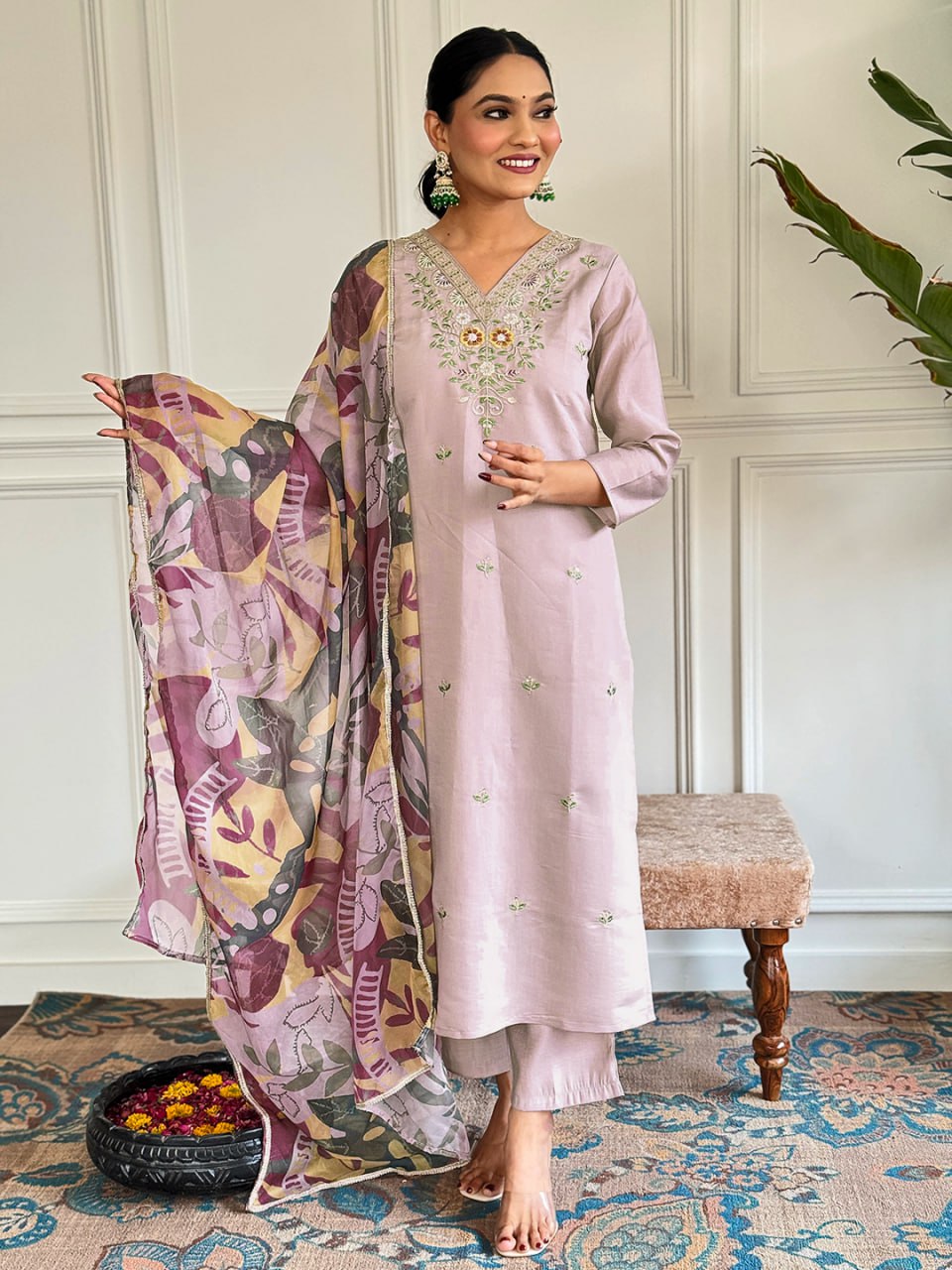 Women's Beige Viscose Chanderi Embroidered Straight Kurta Pant With Dupatta