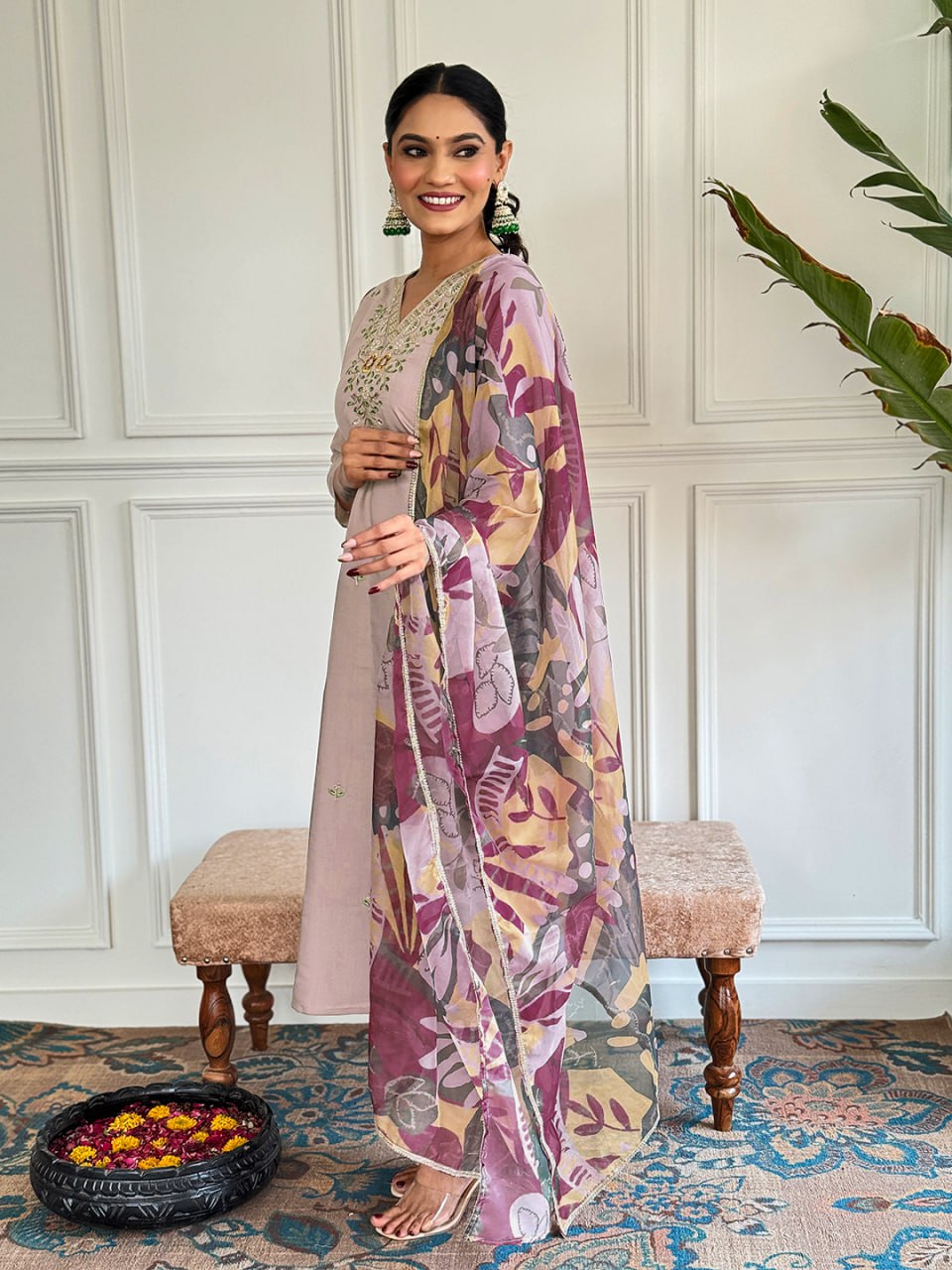 Women's Beige Viscose Chanderi Embroidered Straight Kurta Pant With Dupatta