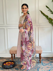 Women's Beige Viscose Chanderi Embroidered Straight Kurta Pant With Dupatta-MDC-D570-BEIGE