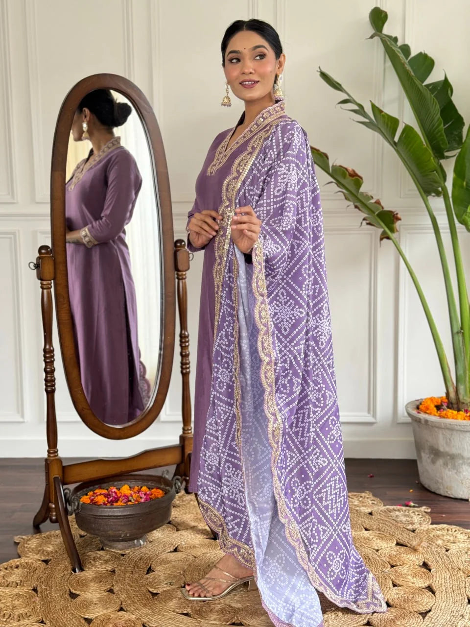 Women's Lavender Viscose Silk Embroidered Straight Kurta Pant With Dupatta