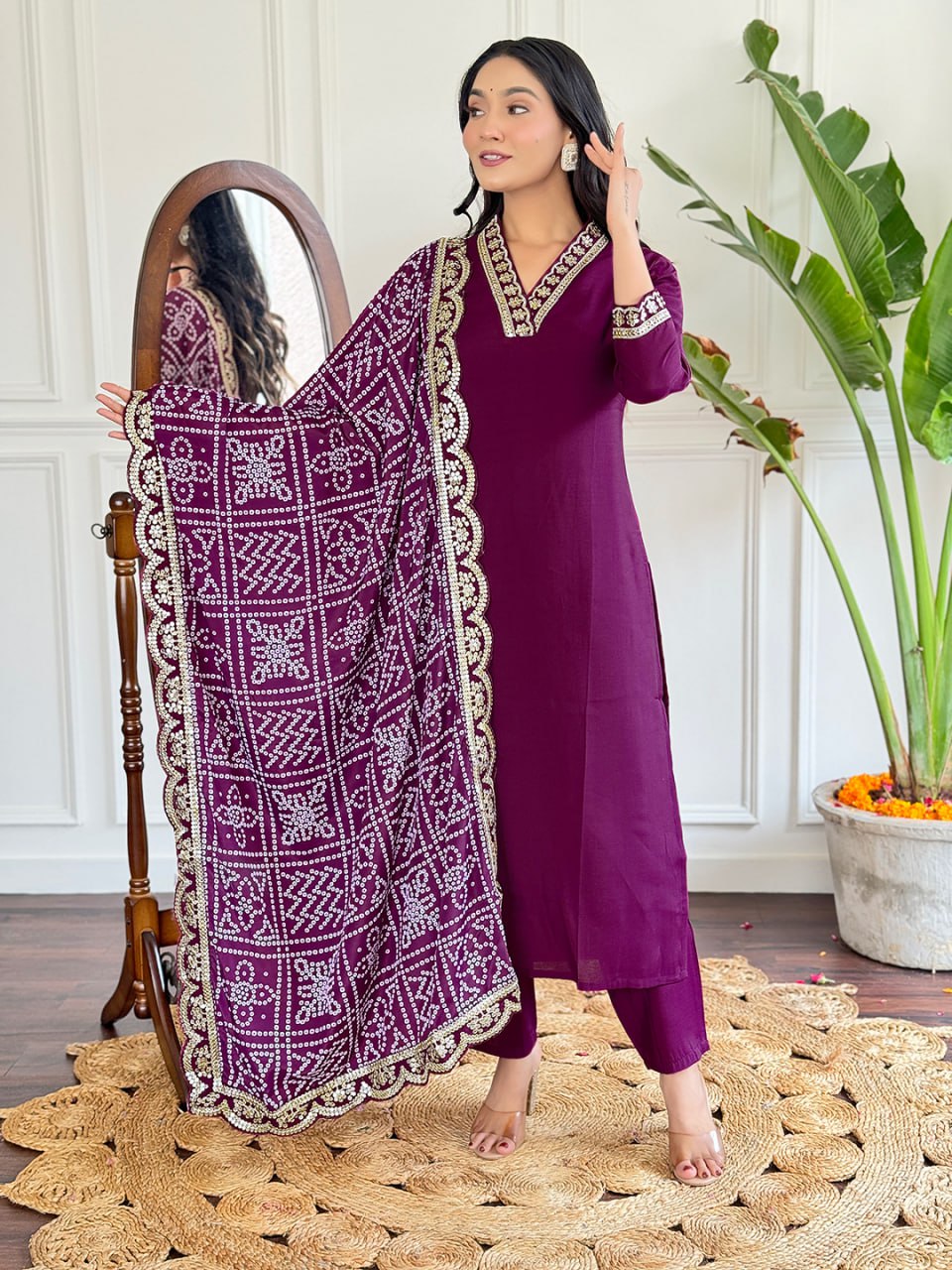 Women's Wine Viscose Silk Embroidered Straight Kurta Pant With Dupatta-MDC-D586-WINE