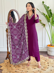 Women's Wine Viscose Silk Embroidered Straight Kurta Pant With Dupatta-MDC-D586-WINE