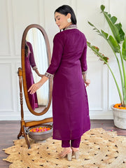 Women's Wine Viscose Silk Embroidered Straight Kurta Pant With Dupatta-MDC-D586-WINE