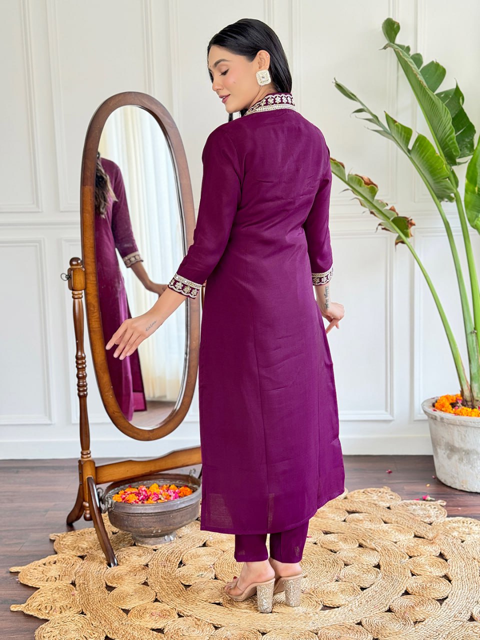 Women's Wine Viscose Silk Embroidered Straight Kurta Pant With Dupatta