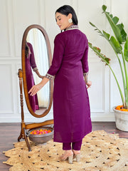 Women's Wine Viscose Silk Embroidered Straight Kurta Pant With Dupatta-MDC-D586-WINE