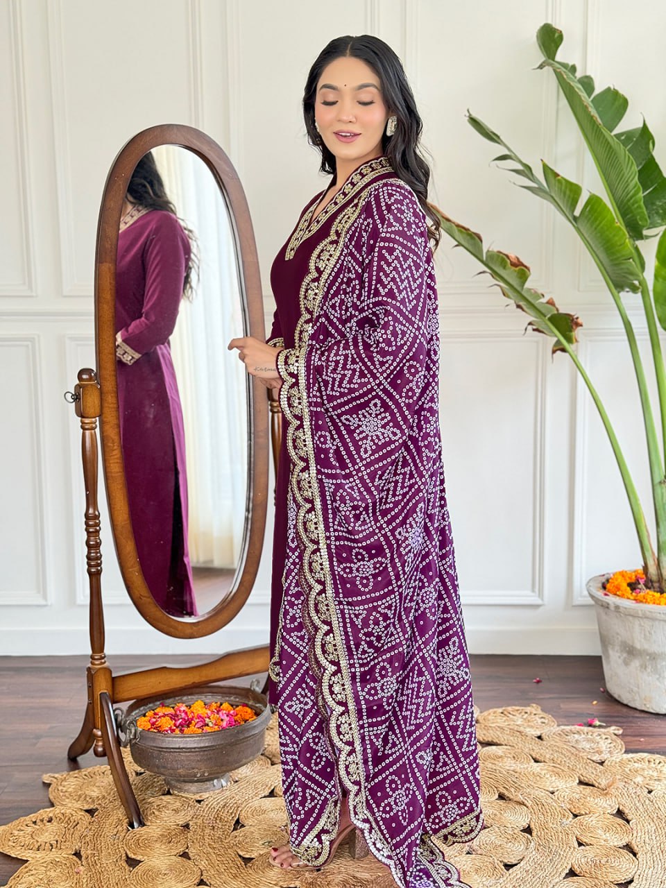 Women's Wine Viscose Silk Embroidered Straight Kurta Pant With Dupatta