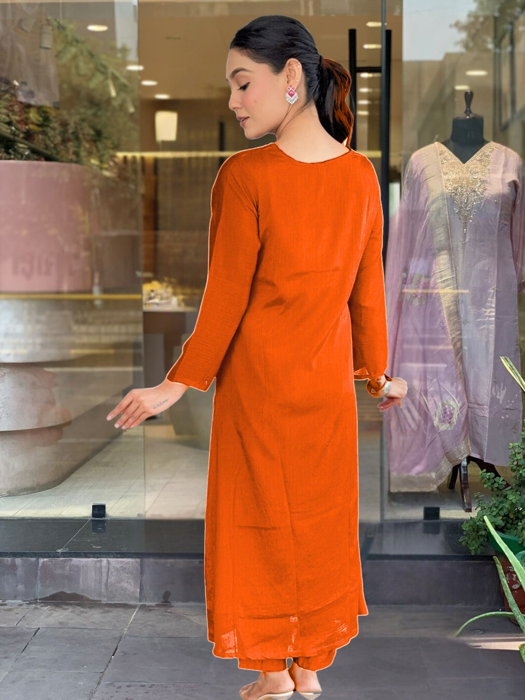 Women's Orange Silk Chiffon Embroidered Straight Kurta Pant With Dupatta