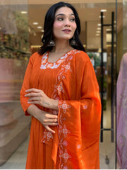 Women's Orange Silk Chiffon Embroidered Straight Kurta Pant With Dupatta-MDC-D604-ORANGE