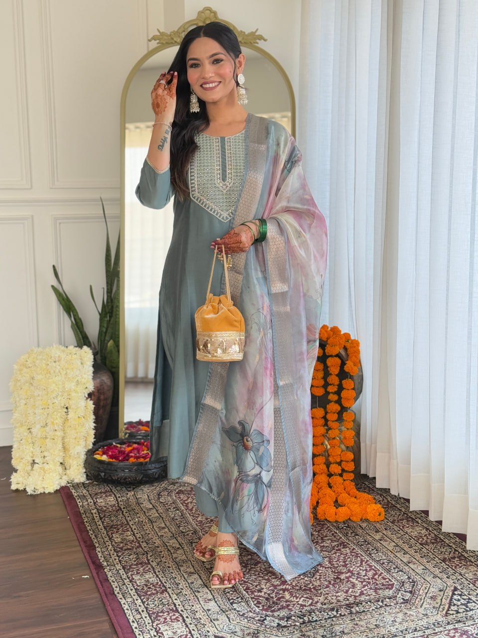 Women's Grey BSY Viscose Embroidered Straight Kurta Pant With Dupatta