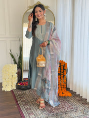 Women's Grey BSY Viscose Embroidered Straight Kurta Pant With Dupatta-MDC-D632-GREY