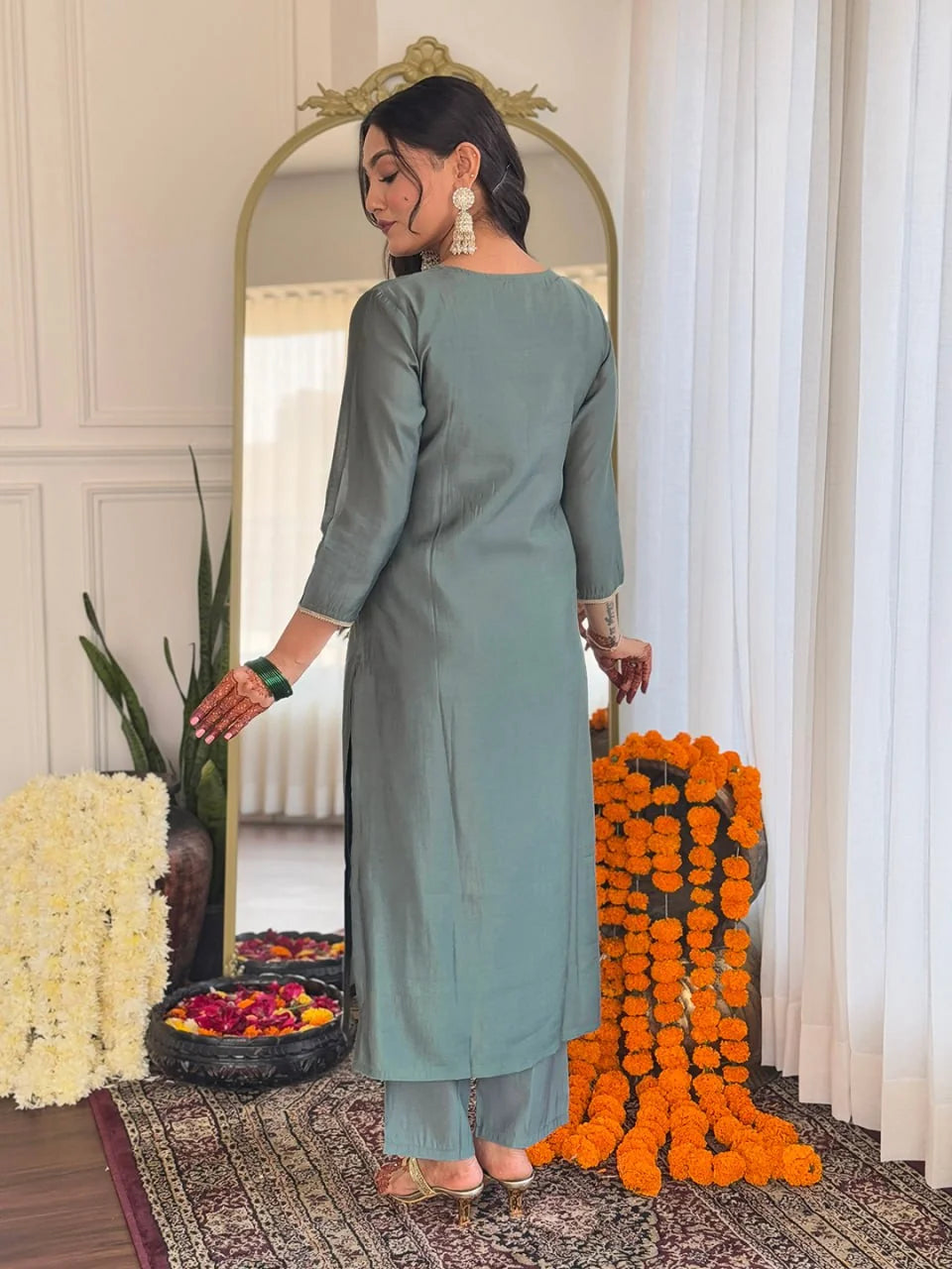 Women's Grey BSY Viscose Embroidered Straight Kurta Pant With Dupatta