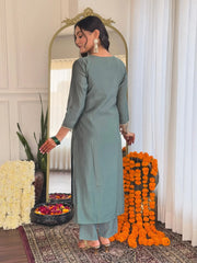 Women's Grey BSY Viscose Embroidered Straight Kurta Pant With Dupatta-MDC-D632-GREY