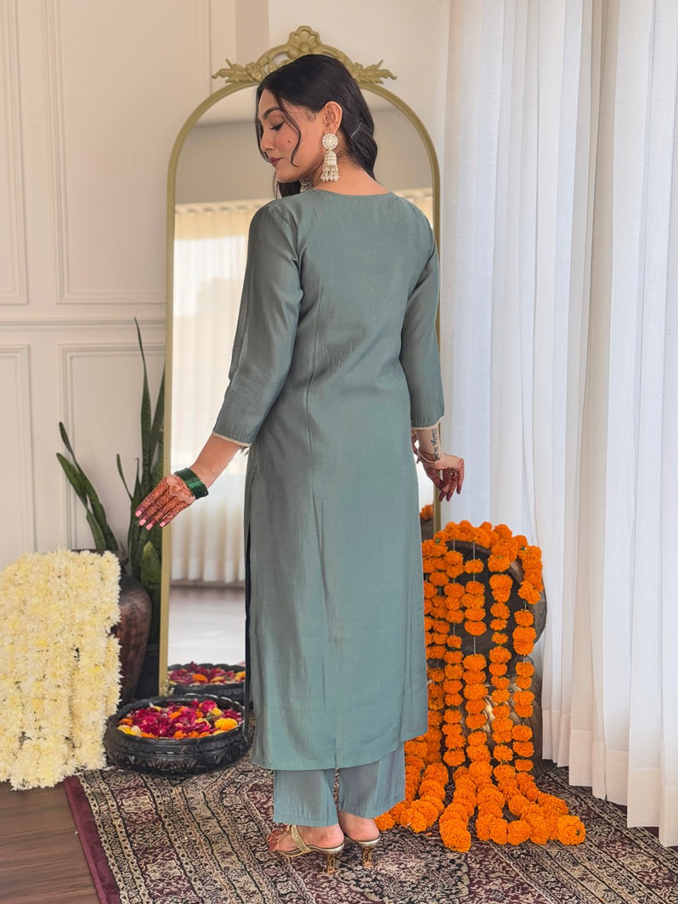 Women's Grey BSY Viscose Embroidered Straight Kurta Pant With Dupatta