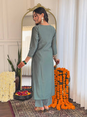 Women's Grey BSY Viscose Embroidered Straight Kurta Pant With Dupatta-MDC-D632-GREY