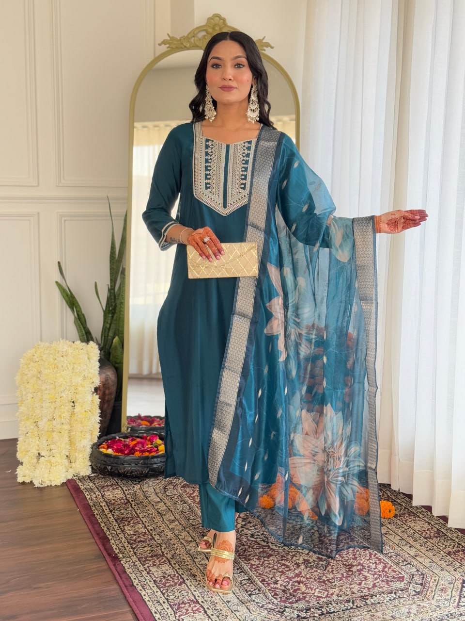 Women's Teal BSY Viscose Embroidered Straight Kurta Pant With Dupatta