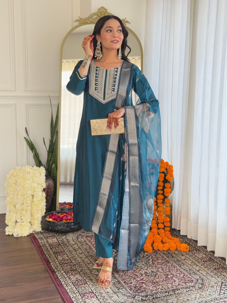 Women's Teal BSY Viscose Embroidered Straight Kurta Pant With Dupatta