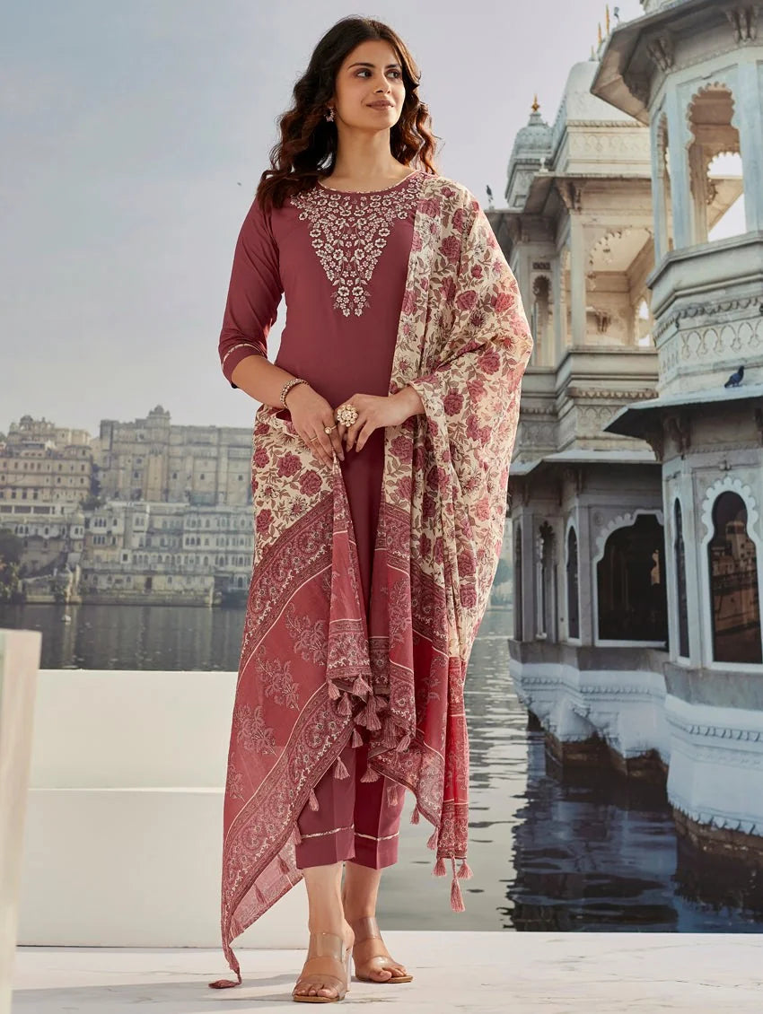 Women's Brown Cotton Silk Embroidered Straight Kurta Pant With Dupatta