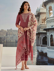 Women's Brown Cotton Silk Embroidered Straight Kurta Pant With Dupatta-MDC-MONIKA-BROWN