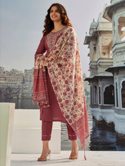 Women's Brown Cotton Silk Embroidered Straight Kurta Pant With Dupatta-MDC-MONIKA-BROWN