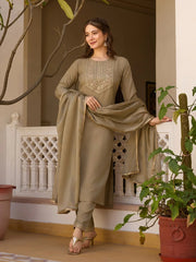 Women's Beige Rayon Embroidered Straight Kurta Pant With Dupatta-MDC-MV-6029-BEIGE