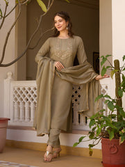 Women's Beige Rayon Embroidered Straight Kurta Pant With Dupatta-MDC-MV-6029-BEIGE