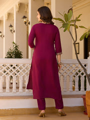 Women's Maroon Rayon Embroidered Straight Kurta Pant With Dupatta-MDC-MV-6029-MARUN