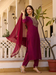 Women's Maroon Rayon Embroidered Straight Kurta Pant With Dupatta-MDC-MV-6029-MARUN