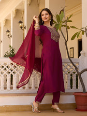 Women's Maroon Rayon Embroidered Straight Kurta Pant With Dupatta-MDC-MV-6029-MARUN