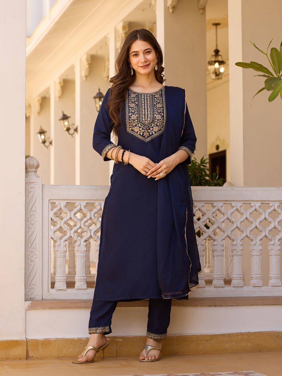 Women's Navy Blue Rayon Embroidered Straight Kurta Pant With Dupatta