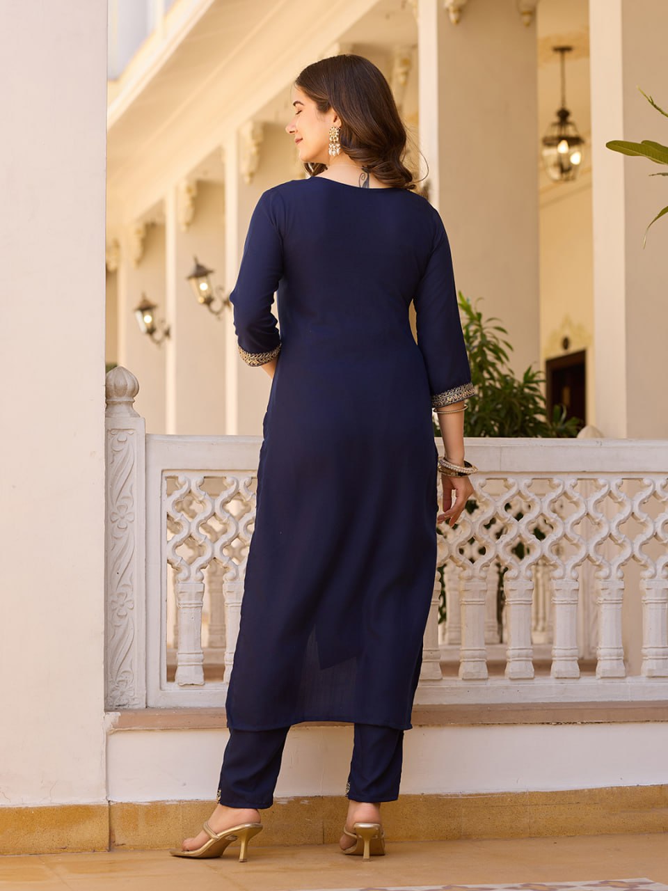 Women's Navy Blue Rayon Embroidered Straight Kurta Pant With Dupatta