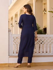 Women's Navy Blue Rayon Embroidered Straight Kurta Pant With Dupatta-MDC-MV-6029-NAVY