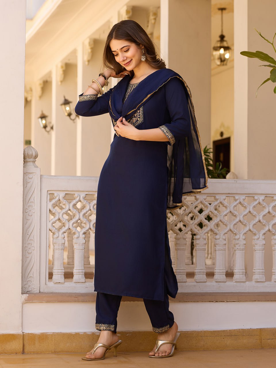 Women's Navy Blue Rayon Embroidered Straight Kurta Pant With Dupatta