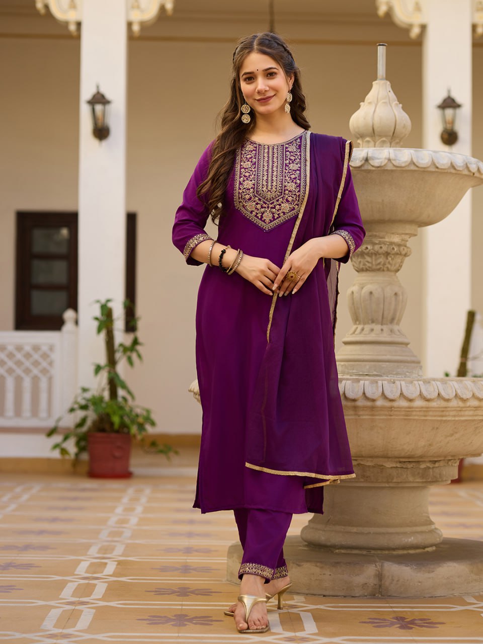Women's Purple Rayon Embroidered Straight Kurta Pant With Dupatta