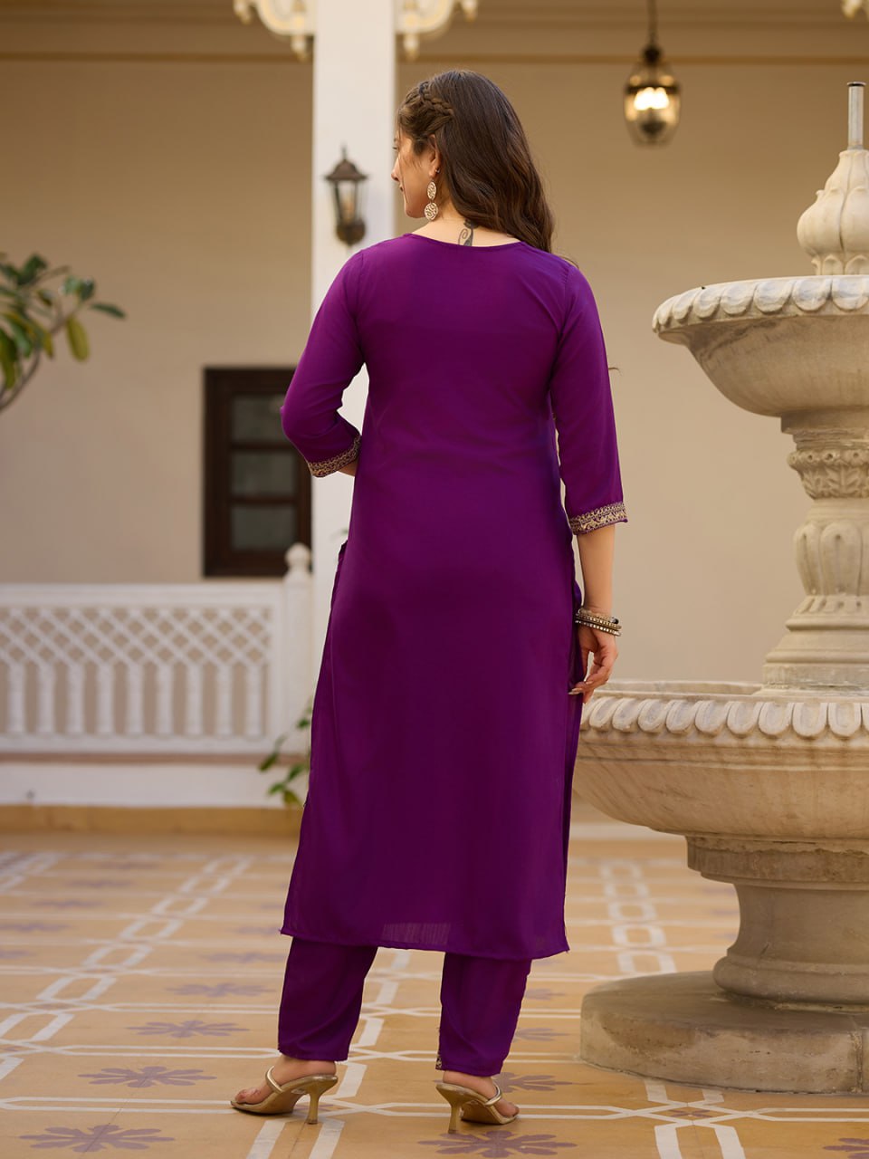 Women's Purple Rayon Embroidered Straight Kurta Pant With Dupatta