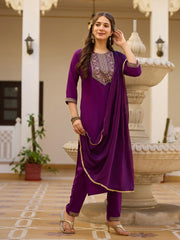 Women's Purple Rayon Embroidered Straight Kurta Pant With Dupatta-MDC-MV-6029-PURPLE